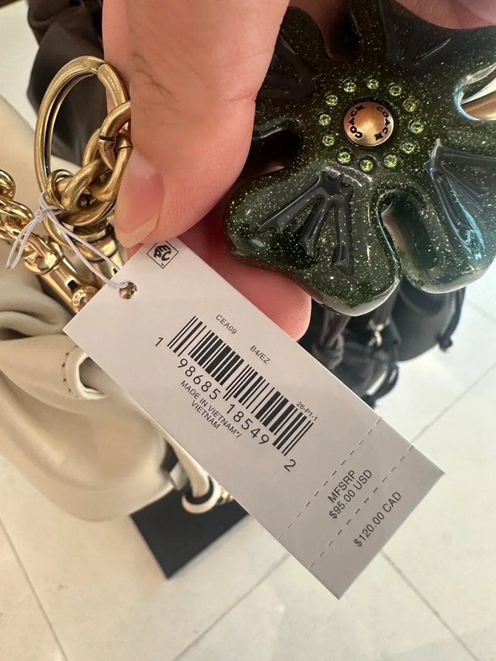 NWT! Coach CEA09 Four Leaf Clover Bag Charm In Brass/Green Multi With Dust Bag
